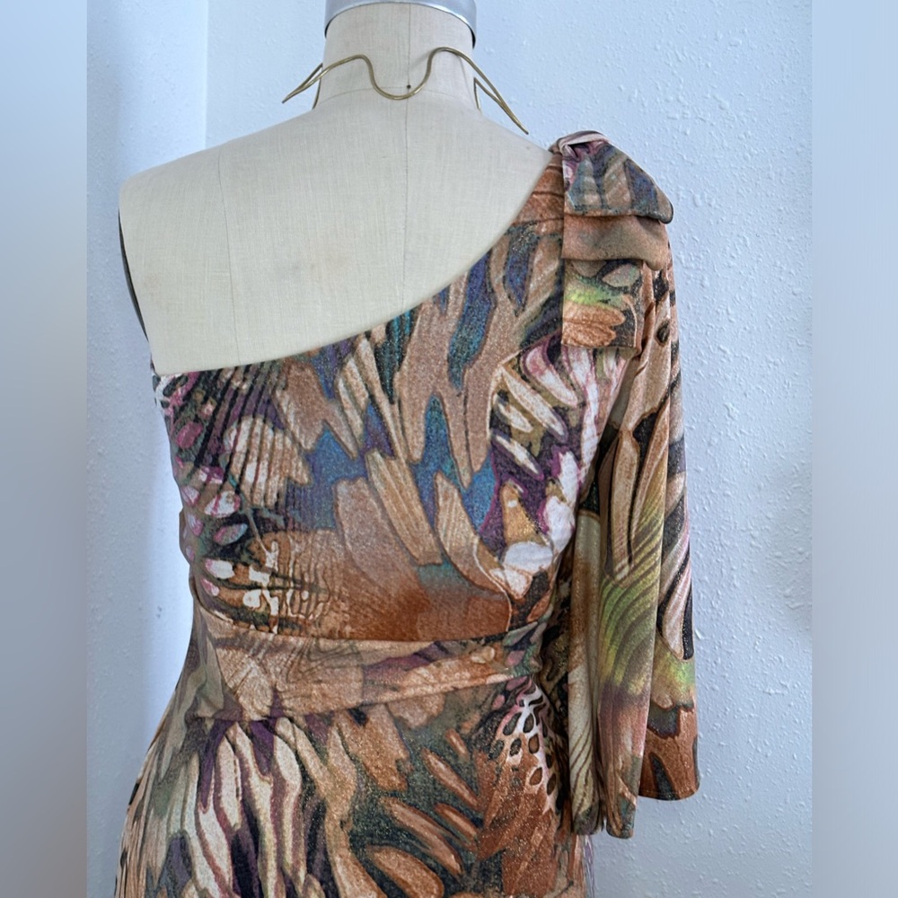 CACHÉ Y2K *RARE* stretchy asymmetric dress butterfly print w. gold metallic - Picture 7 of 7